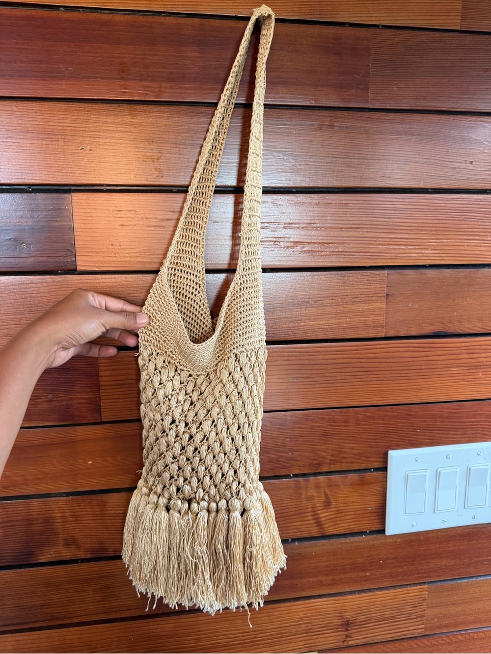 Handwoven Fringe Shoulder Bag in Natural Beige